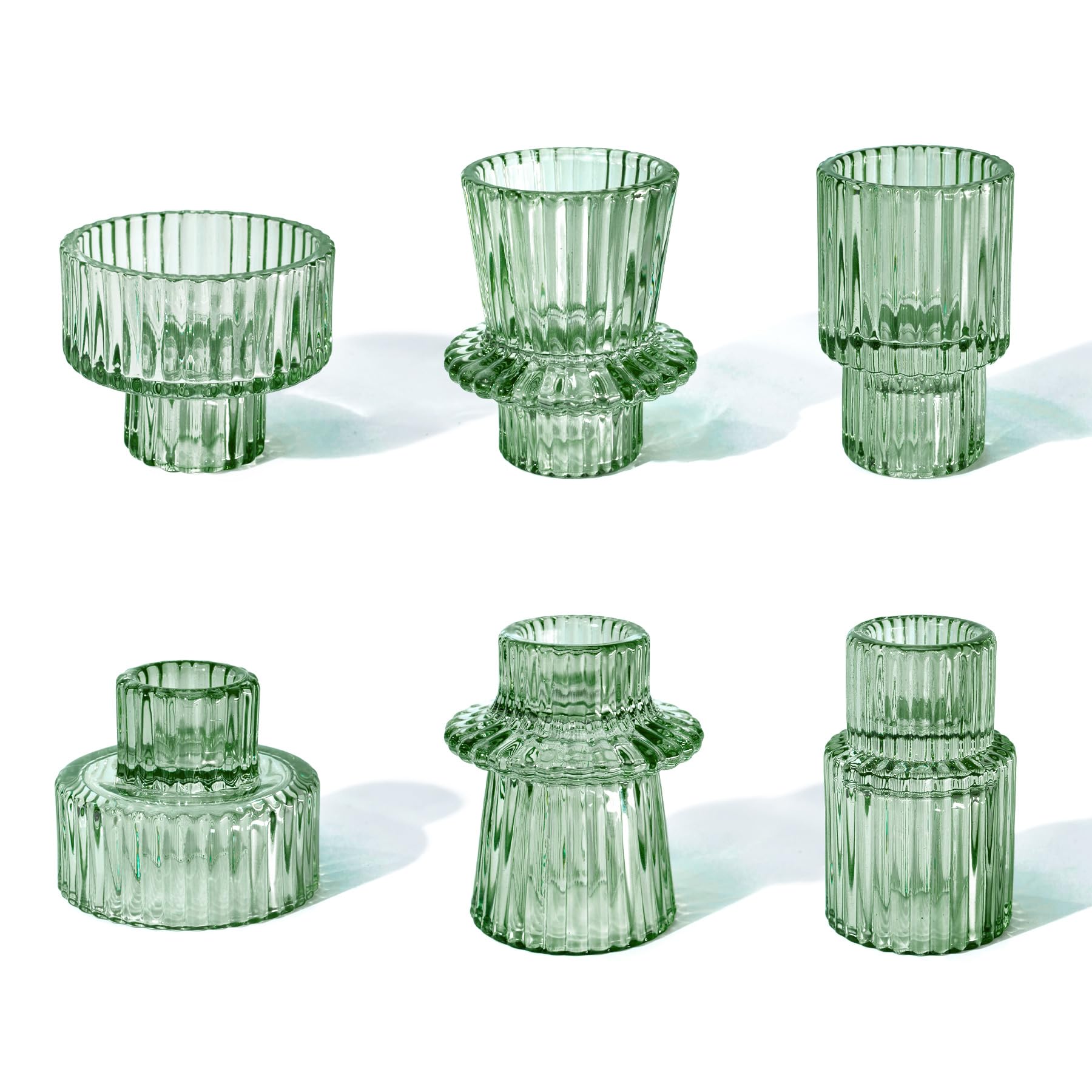 Toptime Candle Holders Set of 6, Glass Candlestick Holders Pinstripe Pattern, Reversible Tealight & Taper Candle Holders, Green Crystal Tea Light Candle Holder for Wedding Dinner Party Festival