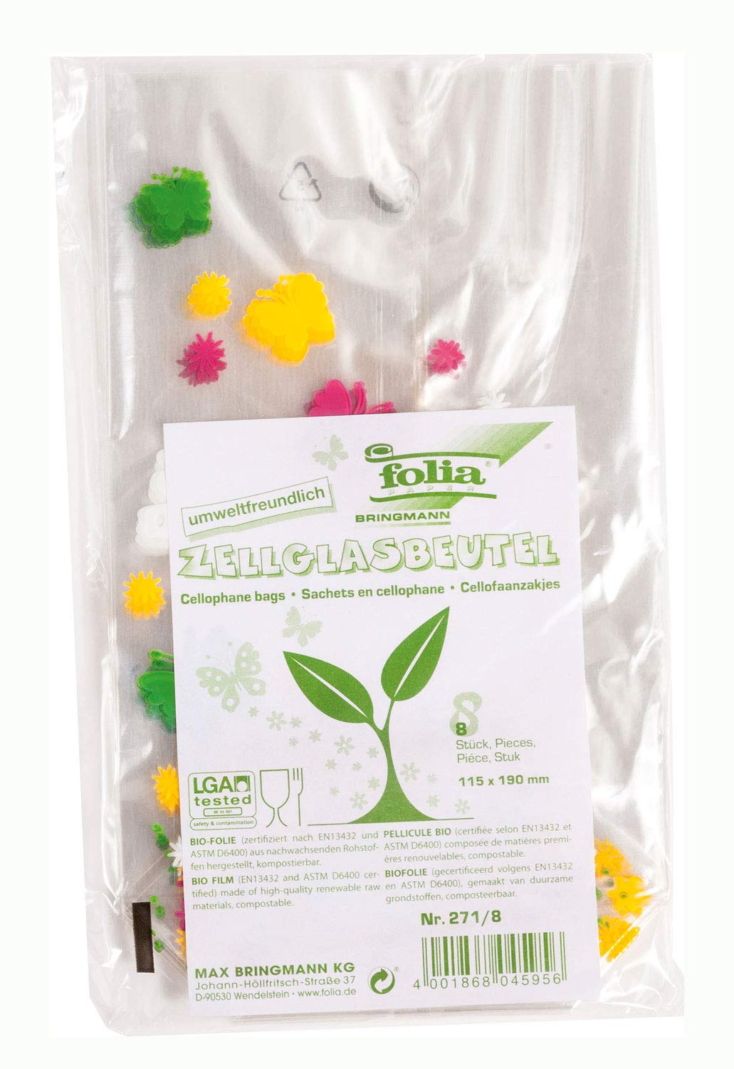 folia 271/8 Cellophane Bags with Spring Motif – Approx. 11.5 x 19 cm Set of 8