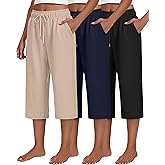 Neer 3 Pack Women's Capri Pants, Drawstring Wide Leg Crop Lounge Sweatpants Summer Yoga Casual Cropped Pants with Pocket