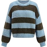 winkbay Women's Striped Oversized Sweaters Vintage Color Block Crew Neck Long Sleeve Knit Pullover Tops