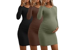 Riyiper 3 Pack Women's Maternity Dresses, Ruched Pregnancy Crew Neck Dresses Mama Slim Fit Stretchy Winter Clothes
