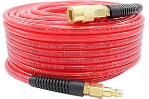 YOTOO Reinforced Polyurethane Air Hose 1/4" Inner Diameter by 100' Long with Bend Restrictor, 1/4" Industrial Quick Coupler and Plug, Red