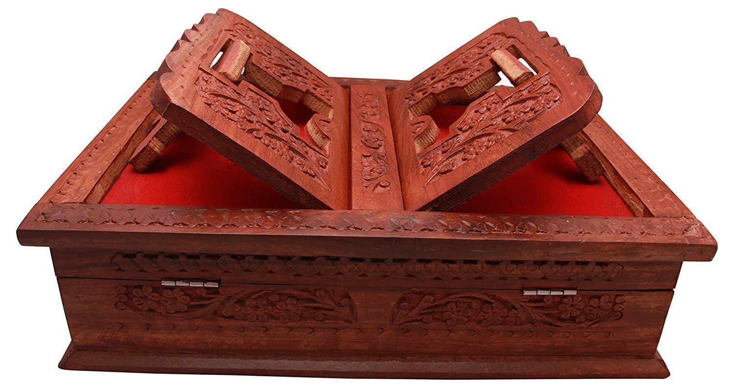 Beyond Collection Wooden Hand Carved Holy Book Stand and Box for Quran,Bible,Gita,Ved,Guru Granth Sahib