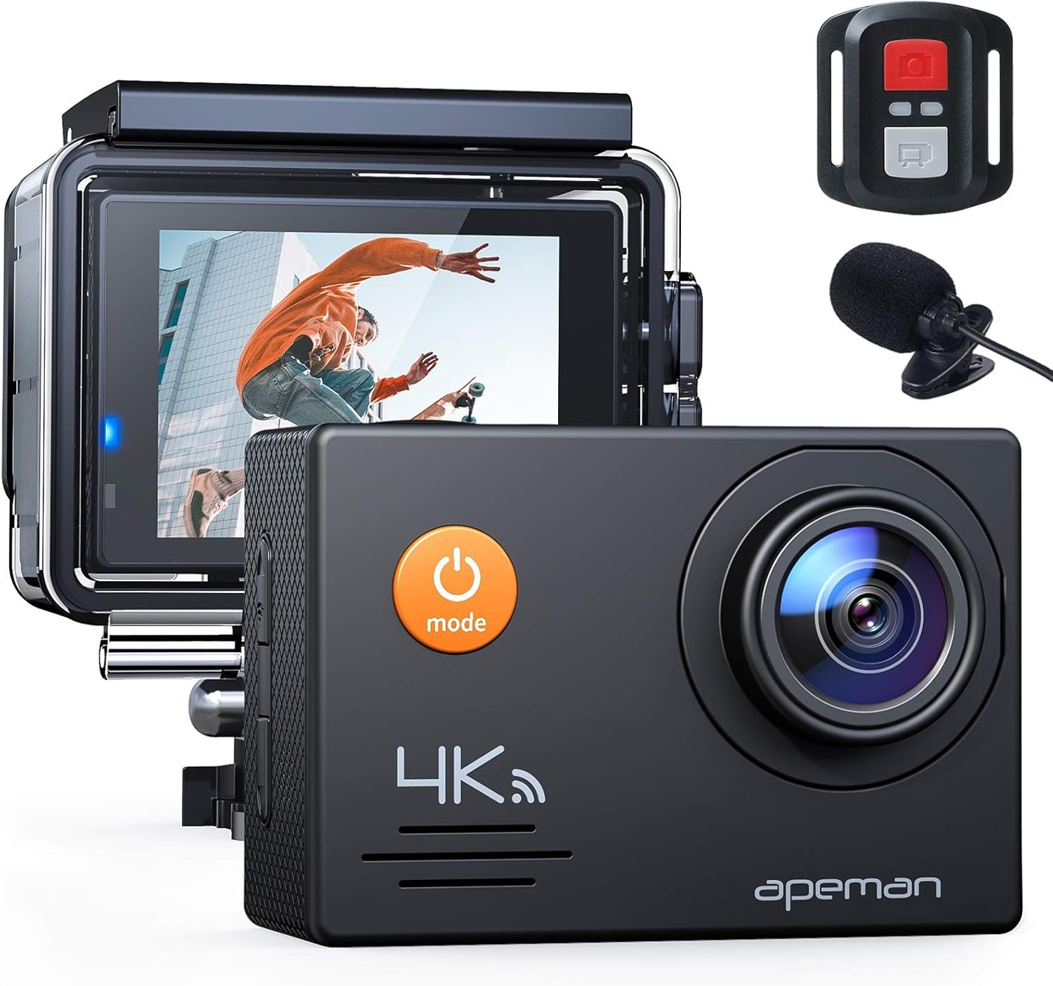 APEMAN Action Cam A79,4K WiFi 20MP Unterwasserkamera Digitale wasserdichte 40M Helmkamera (2.4G Fernbedienung und Webcam mit externem Mikrofon)