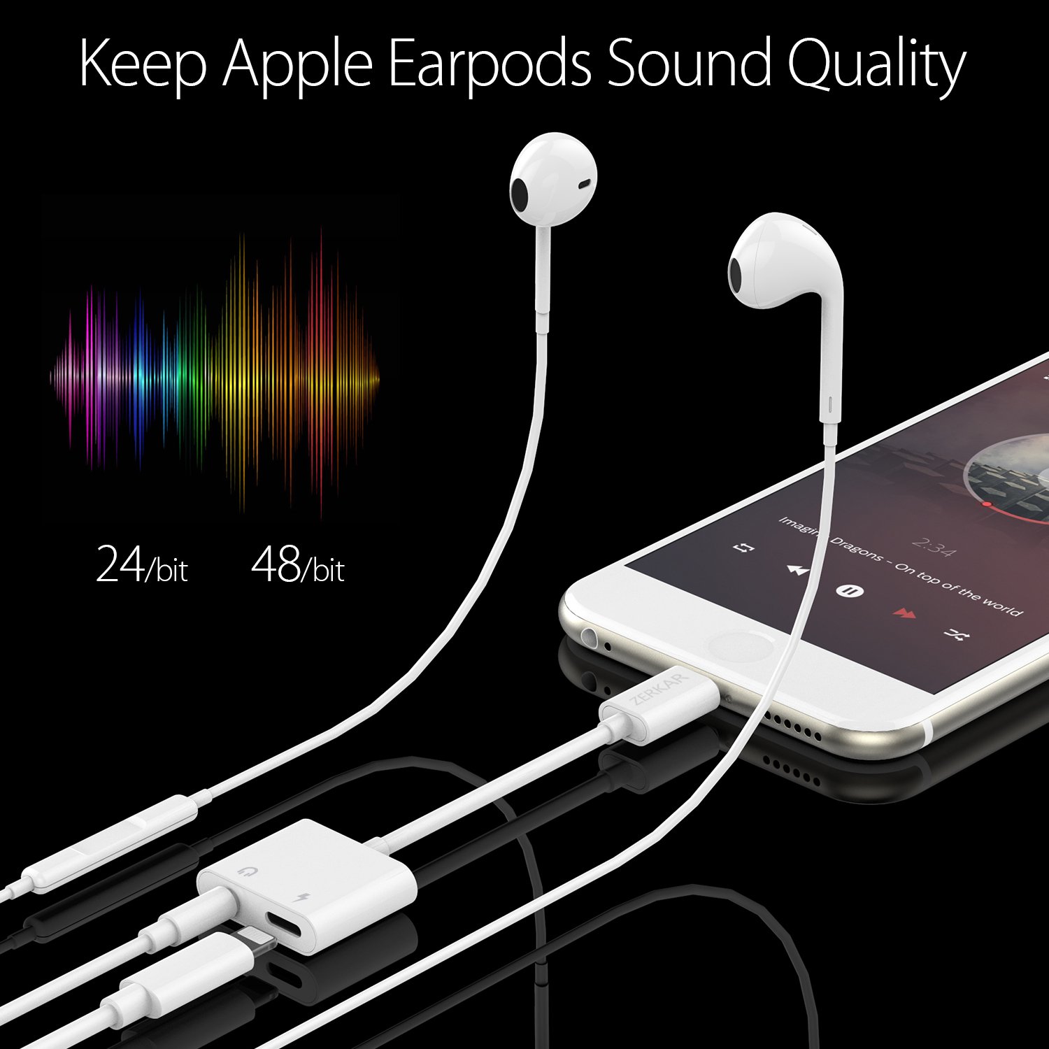 ZERKAR 99 Lightning Headphones for iPhone 8/7, Audio Adapter, Earphone, Support IOS 11, Charge Splitter 3.5 mm Jack Headphone and Charge - White
