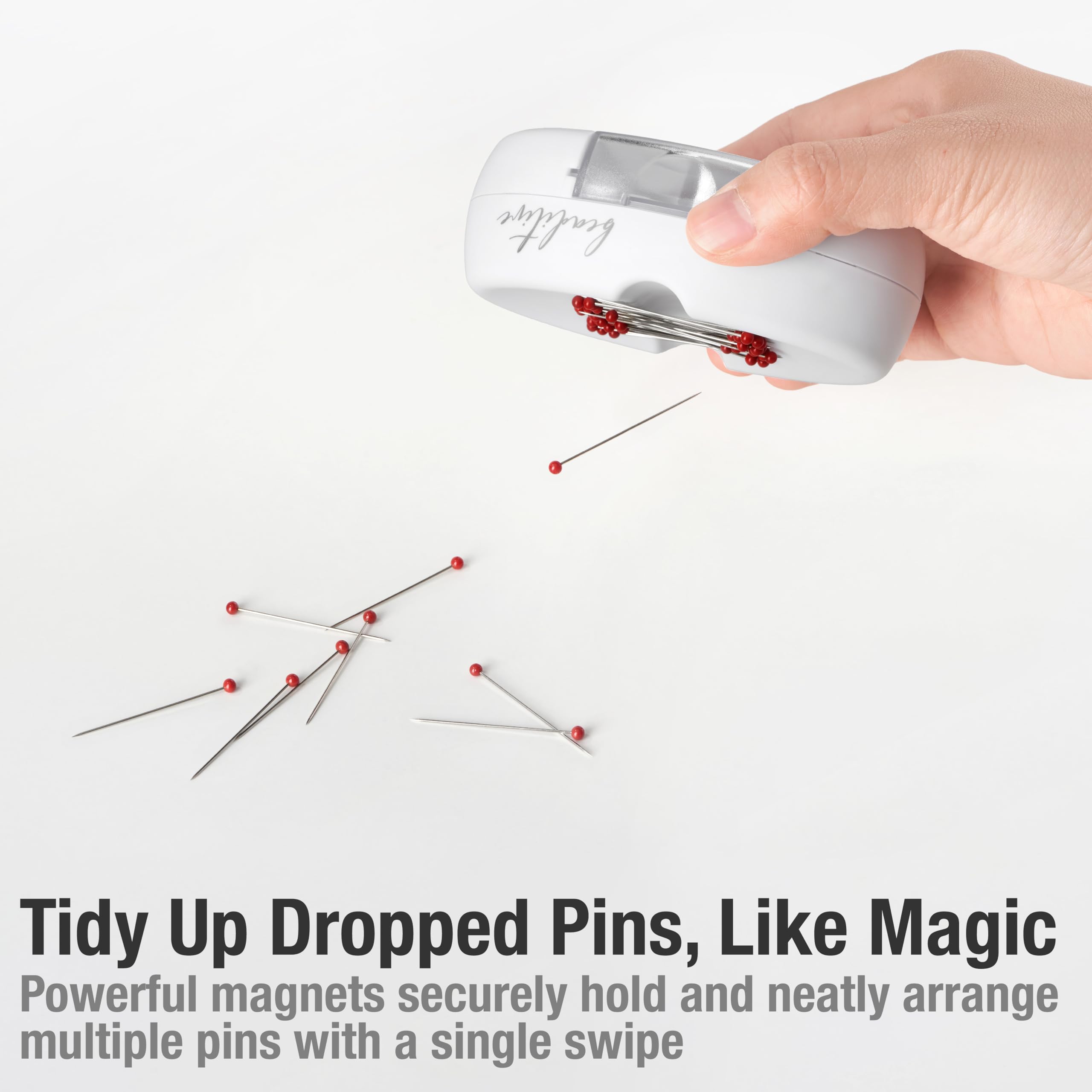 Beaditive Magnetic Pin Cushion with Drawer - Strong Magnet Pin Holder Cushions for Sewing - 50 Glass Head Quilting Pins Included - Chic Pincushion Caddy for Sewing Pins, Paper Clips, Screws – White