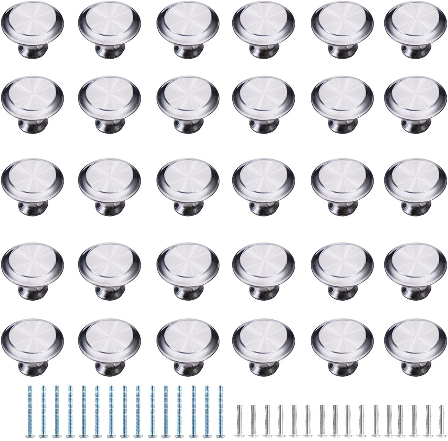Fitepro 30 Pack Round Kitchen Cabinet Knobs Brushed Nickel Silver, 1.2" 30mm Zinc Round Drawer Knob for Cabinets Dressers Drawers Cabinet Hardware with Long & Short Screw