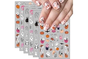 FUKIDOG Halloween Nail Art Stickers Cute Ghost Pumpkin 3D Self-Adhesive Nail Decals Bat Cat Skull Designs Nail Decorations Halloween DIY Manicure Supplies for Women Girls&Kids 6Pcs