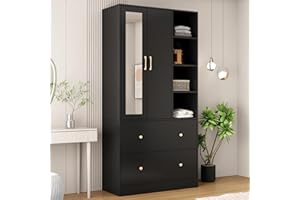 Hitow Wardrobe Armoire Closet with Mirror, 2 Door Wardrobe Cabinet with 2 Drawers & Extendable Hanging Rod, Bedroom Armoire Cabinet Clothes Organizer, Type A Black (35.5" W x 15.8" D x 70.8" H)