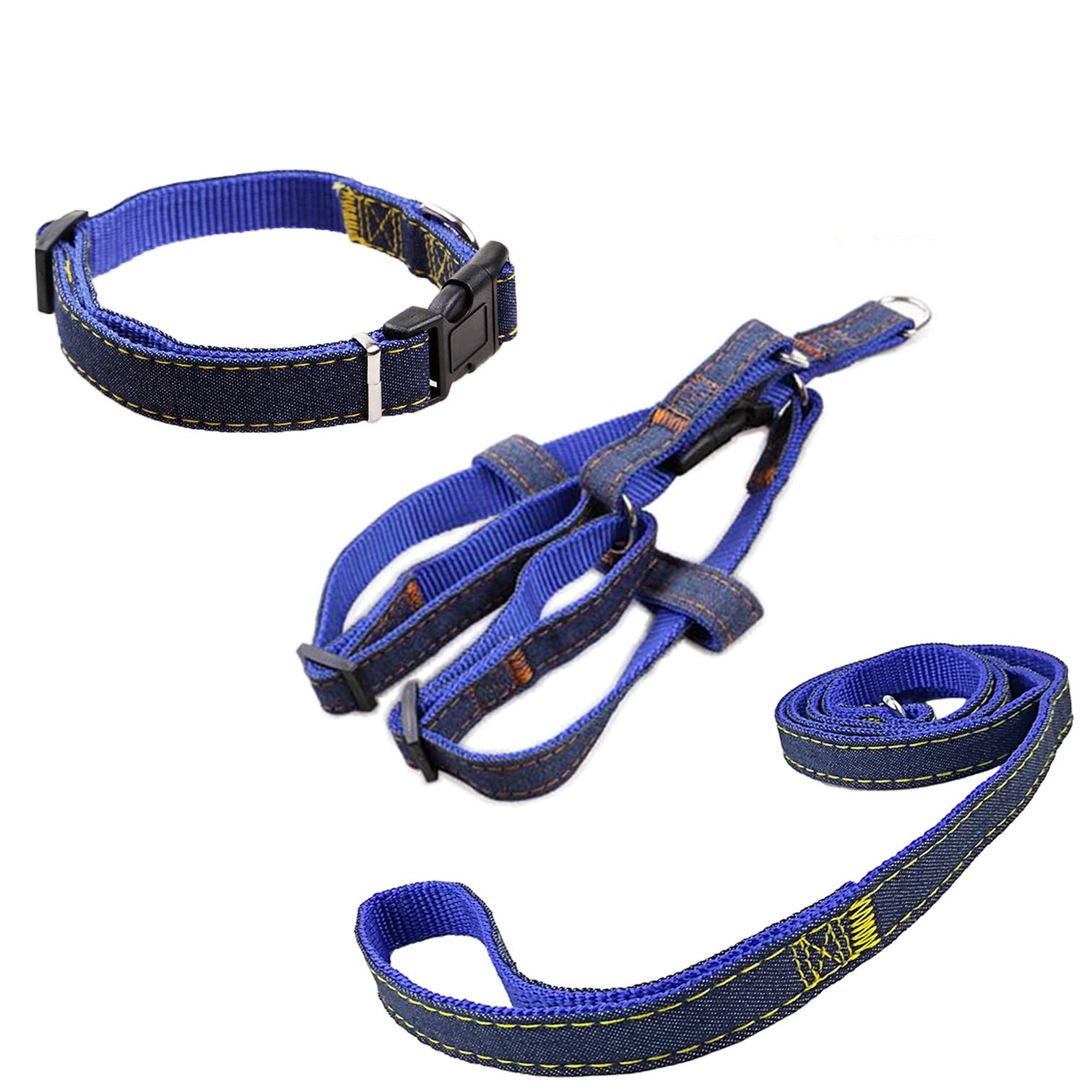 Newtensina Fashion Dogs Harness Collar and Leash Set Comfortable Denim Cloth Puppy Harness Collar with Leashes for Dogs - Blue - S