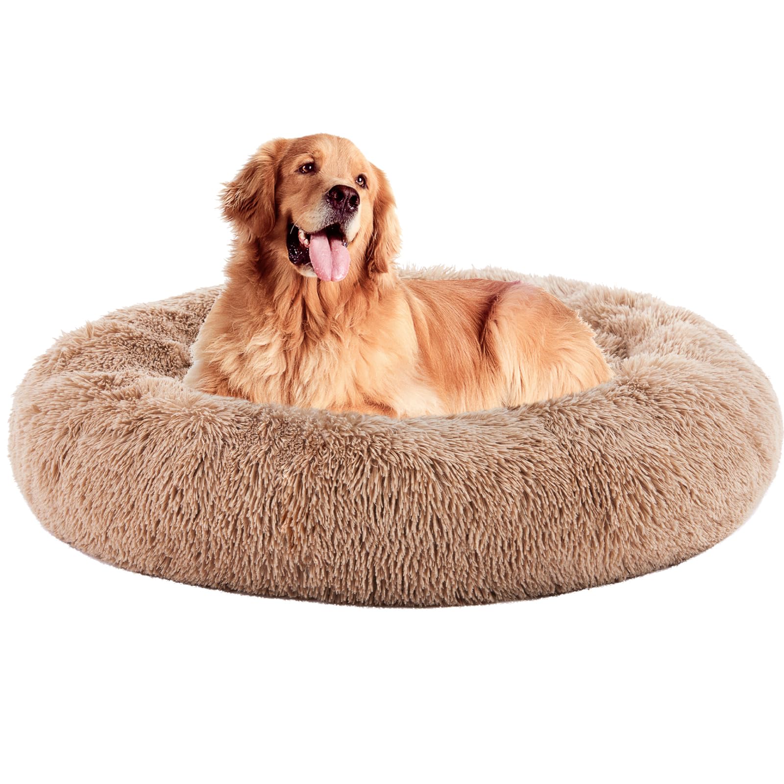 DUMOS 37.4x37.4 Inch Calming Donut Dog Beds for Large Dogs, Machine Washable Cuddler Warming Cozy Fluffy Faux Fur Plush Round Pet Bed Medium Sized Bed for Indoor Dogs and Cats, Brown Image