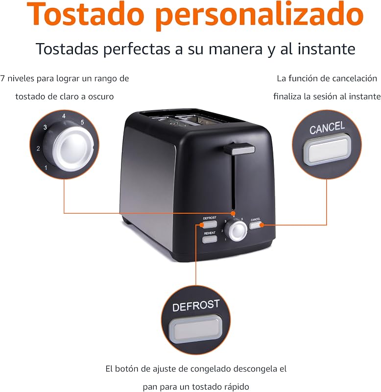 Amazon Basics 2 Torradeira de fatias com 7 níveis de torrefação e bandeja de migalhas removível, slots extra largos, 800W, preto — foto 2 de 5