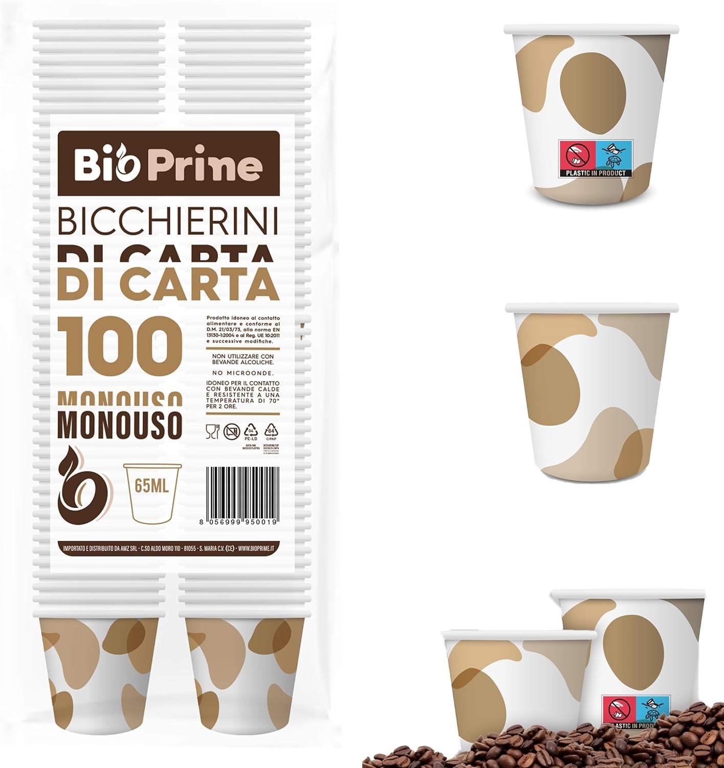 BioPrime Disposable Paper Coffee Cups, 65 ml, Biodegradable, Eco Friendly (100 Cups)