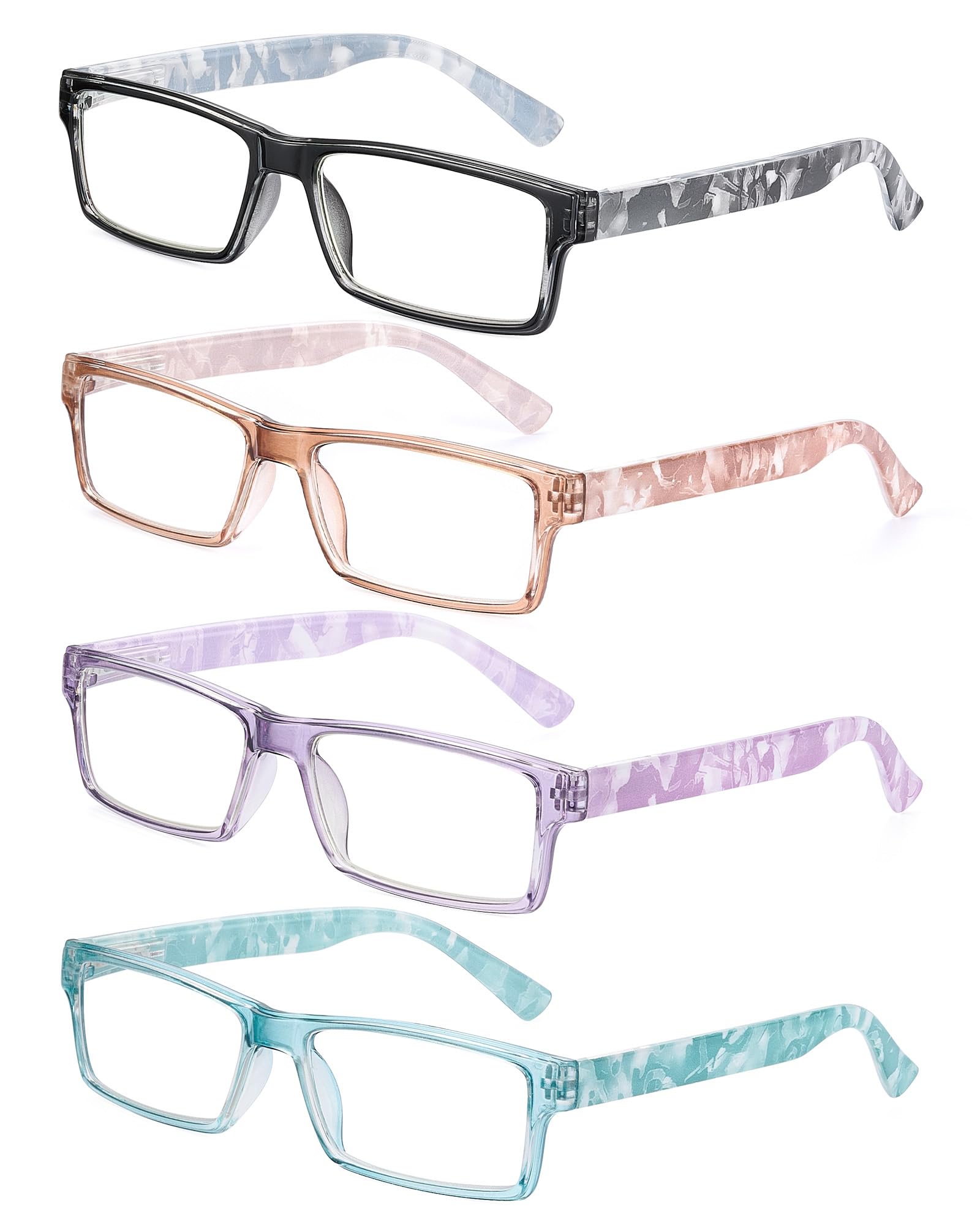JM 4 Pack Reading Glasses for Women Fashion Spring Hinge Pattern Design Readers Eye Glasses, Rectangular Eyeglasses, +2.0