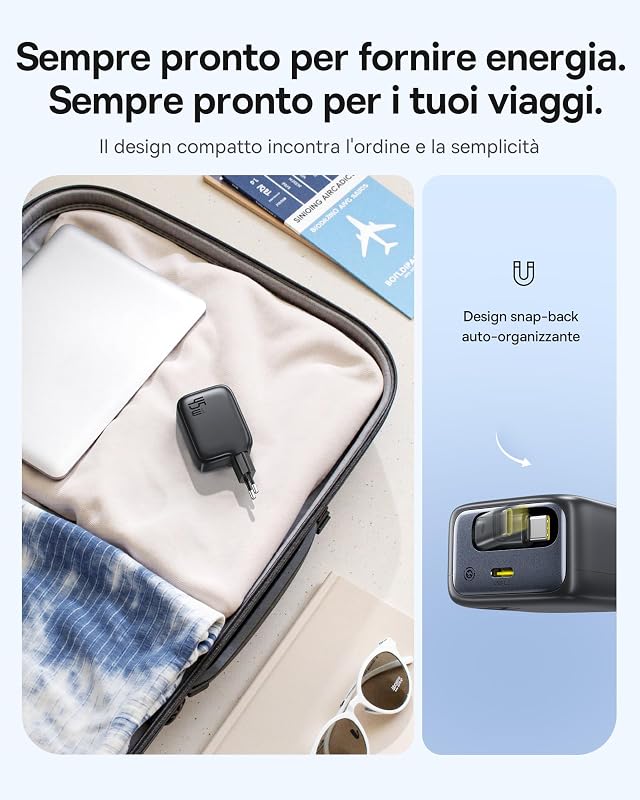 Caricatore USB C da 45 W, Baseus Enercore con cavo USB C, caricatore iPhone iPad, alimentatore di rete per iPhone 17/16/15/14/13/12/11 Pro Max Air, Samsung Galaxy S25, Pixel, cavo estraibile