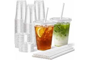16oz 50 Sets Plastic Cups w/Lid and Straws, Clear PET Disposable Ice Coffee Cups for Latte Smoothies and to Go Drinks (16oz)