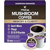 VitaCup Mushroom Coffee Pods, Boost Focus & Immunity w/Lions Mane, Chaga, B Vitamins, D3 for Memory & Clarity, Medium Roast, Recyclable Single Serve Pod Compatible w/Keurig K-Cup Brewers,16 Ct