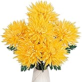 Hollyone 6Pcs Yellow Artificial Mums Flowers Large Faux Chrysanthemum Flowers Silk Flower 25.6" Long Stem Spider Mum Flower Spring Summer Floral Arrangements Bouquets Fake Pincushion for Home Decor