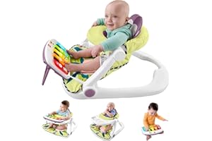 Fisher-Price Portable Baby Chair Kick & Play Deluxe Sit-Me-Up Seat with Piano Learning Toy & Tray for Infants to Toddlers, Purple Monkey