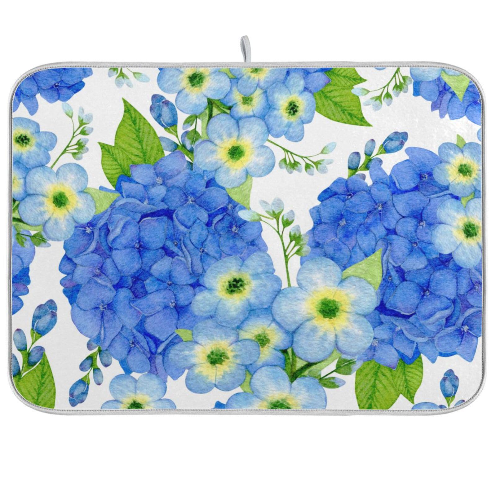 Photo 1 of Watercolor Hortensia Blue Flowers Dish Drying Mat Super Absorbent Drying Mat 16x18 inch Large Dish Drying Mats for Kitchen Counter Dish Drying Pads Kitchen Drying Matt for Countertop