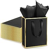 Yeaqee 24 Pack Metallic Paper Gift Bags with Handle and Tissue 9x7x3.1 Gold Foil Welcome Thank You Favor Bags Return Gifts for Wedding St. Patrick's 5 Senses Bridesmaid Birthday(Black and Gold)