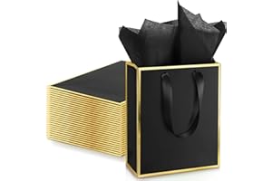 Yeaqee 24 Pack Metallic Paper Gift Bags with Handle and Tissue 9x7x3.1 Gold Foil Welcome Favor Bags Return Gifts for Wedding Fall 5 Senses Christmas Bridesmaid Birthday(Black and Gold)