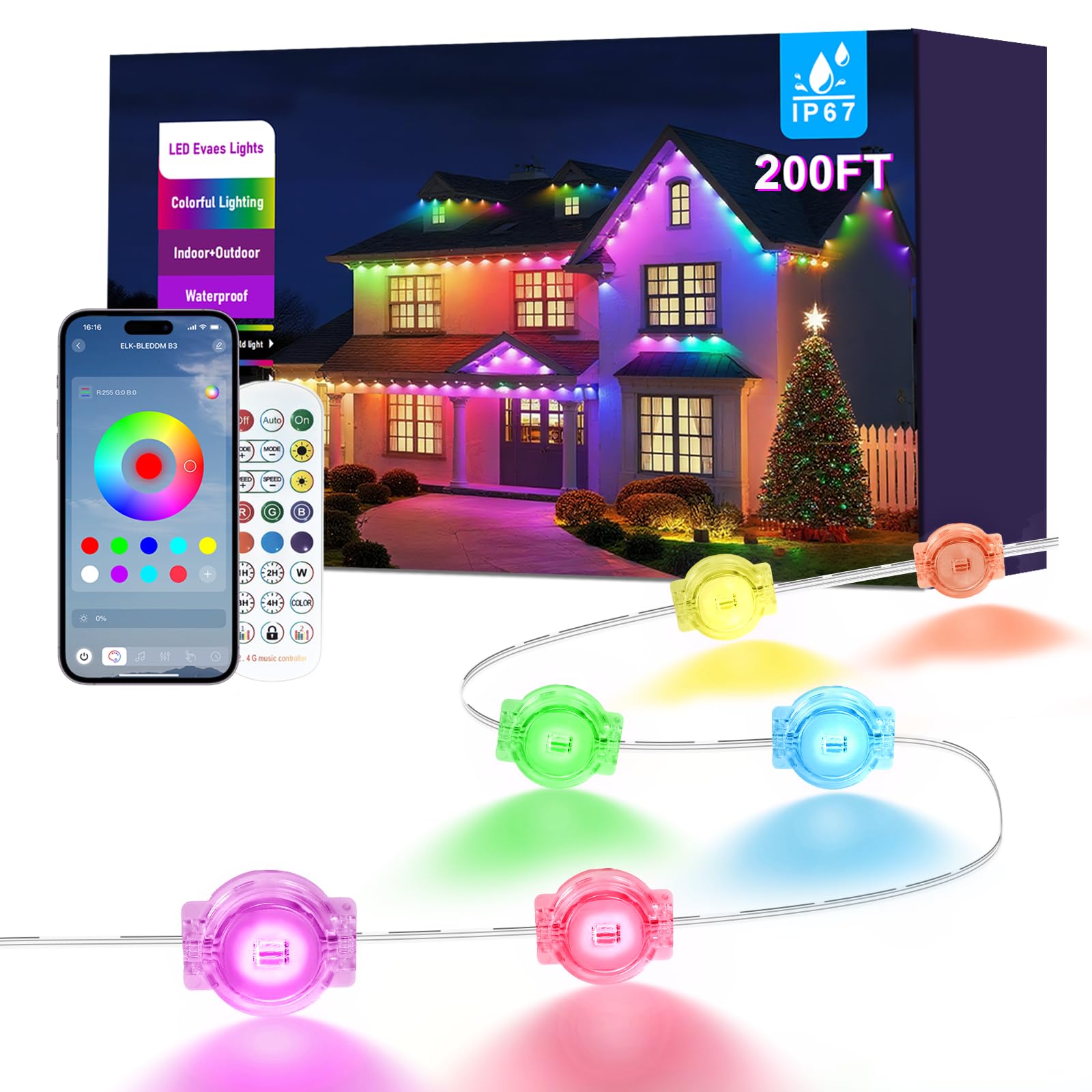Photo 1 of 200FT Permanent Outdoor Lights for House, 2025 Smart RGB LED Outside Eaves Lights with APP Remote Control, IP67 Waterproof Outdoor Lighting Decor for Christmas Holiday, Halloween, Roof, Party, Daily