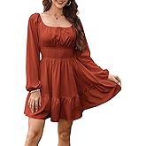 Florboom Women's Adjustable Square Neck Drawstring Dress Puff Long Sleeve Smocked Waist Mini Dresses