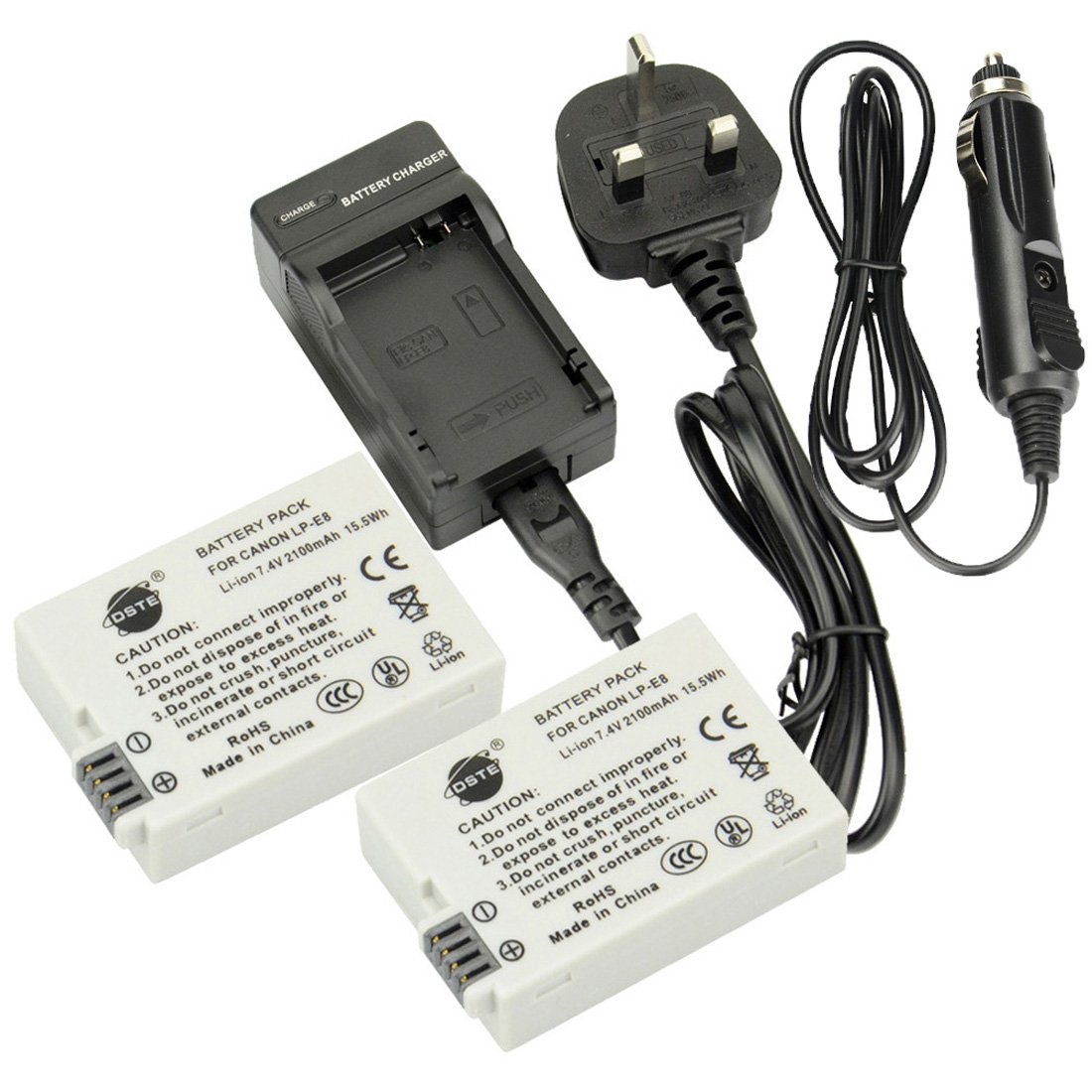 DSTE 2pcs LP-E8 Rechargeable Li-ion Battery + Charger DC99U for Canon EOS 550D, EOS 600D, EOS Rebel T2i, EOS Rebel T3i Digital Cameras