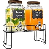 1 Gallon Drink Dispenser with Stand,2 Pcs Clear Glass Beverage Dispenser with Spigot, 2 pcs Wood Lid and Wooden Hangtags for Lemonade Dispenser,Tea Jar,BBQ, Picnic Parties