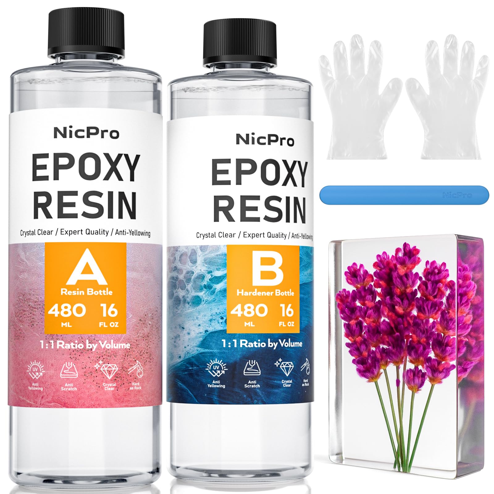 Nicpro 32 oz/ 960 ml Crystal Clear Epoxy Resin Kit, DIY Starter Epoxy Resin Supplies with 4 Measuring Cups, 2 Silicone Sticks, Gloves, Spreader for Craft Casting & Coasting, Molds, Jewelry Making