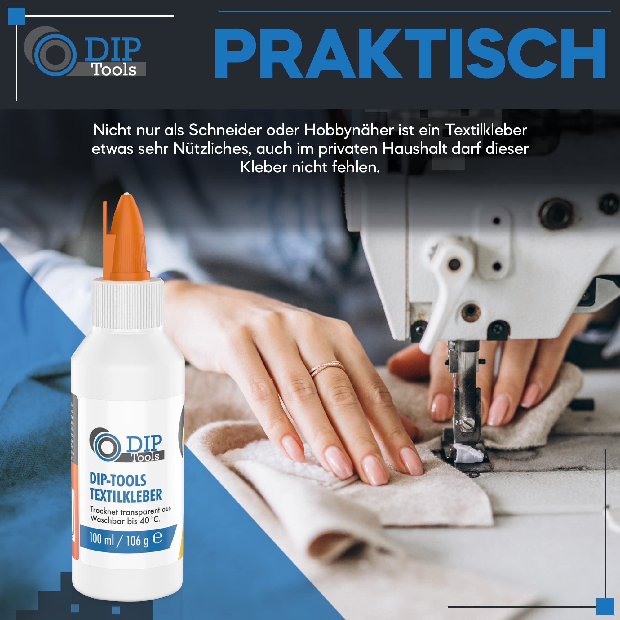 DIP-Tools Textilkleber Stoffkleber waschmaschinenfest 100ml I für Textilien Stoffe Polyester Jeans, Superkleber extra stark, transparent & wasserfest ohne Rückstände, geruchlos ohne Lösungsmittel 4