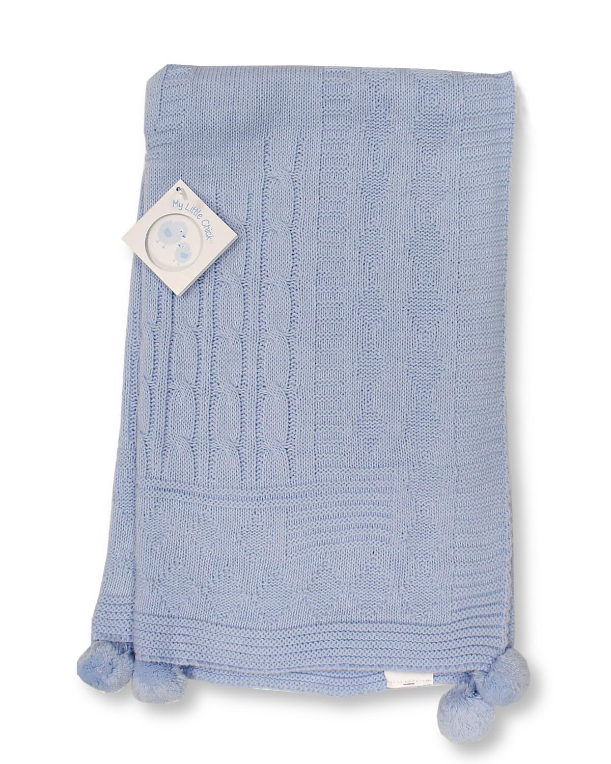 My Little Chick Knitted Baby Wrap Blanket with Pointelle Pattern and Pom-Poms (Sky)
