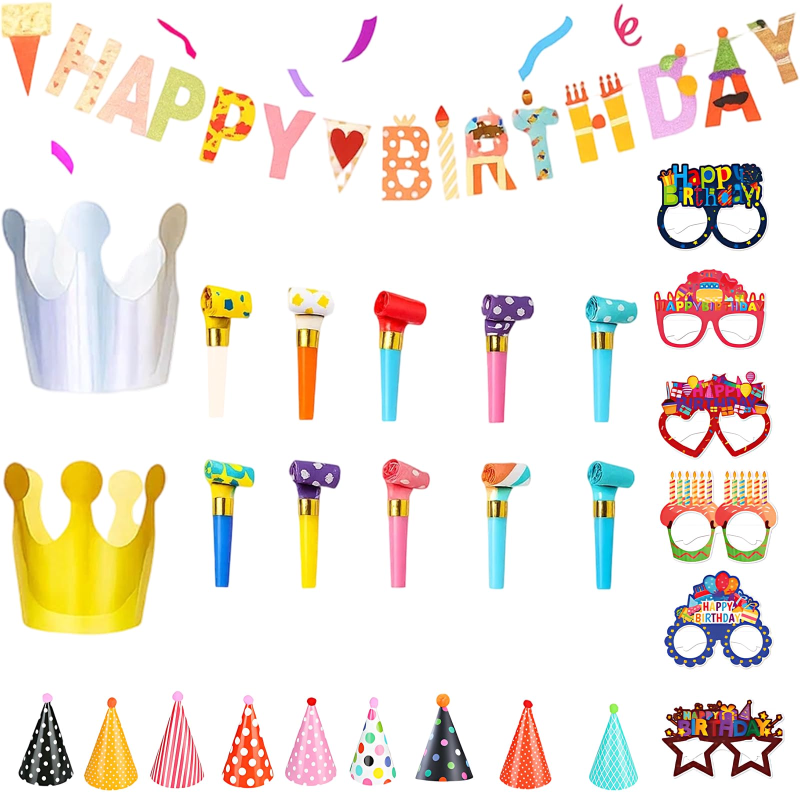 MXHBSTP 28Pcs Birthday Party Set with Mini Party Hats, Party Hats Paper Glasses, Blowers, Birthday Hat, for Teddy