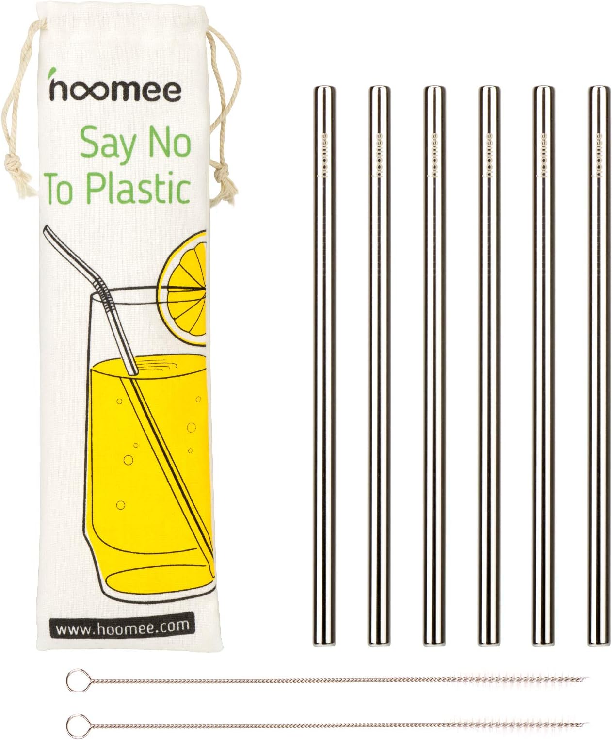 HOOMEE Stainless Steel Straws, Reusable Extra Wide 9mm Drinking Metal Straws for Thick Smoothies, Set of 6 Including 2 Cleaning Brushes, No Toxic, BPA Free, FDA Approved