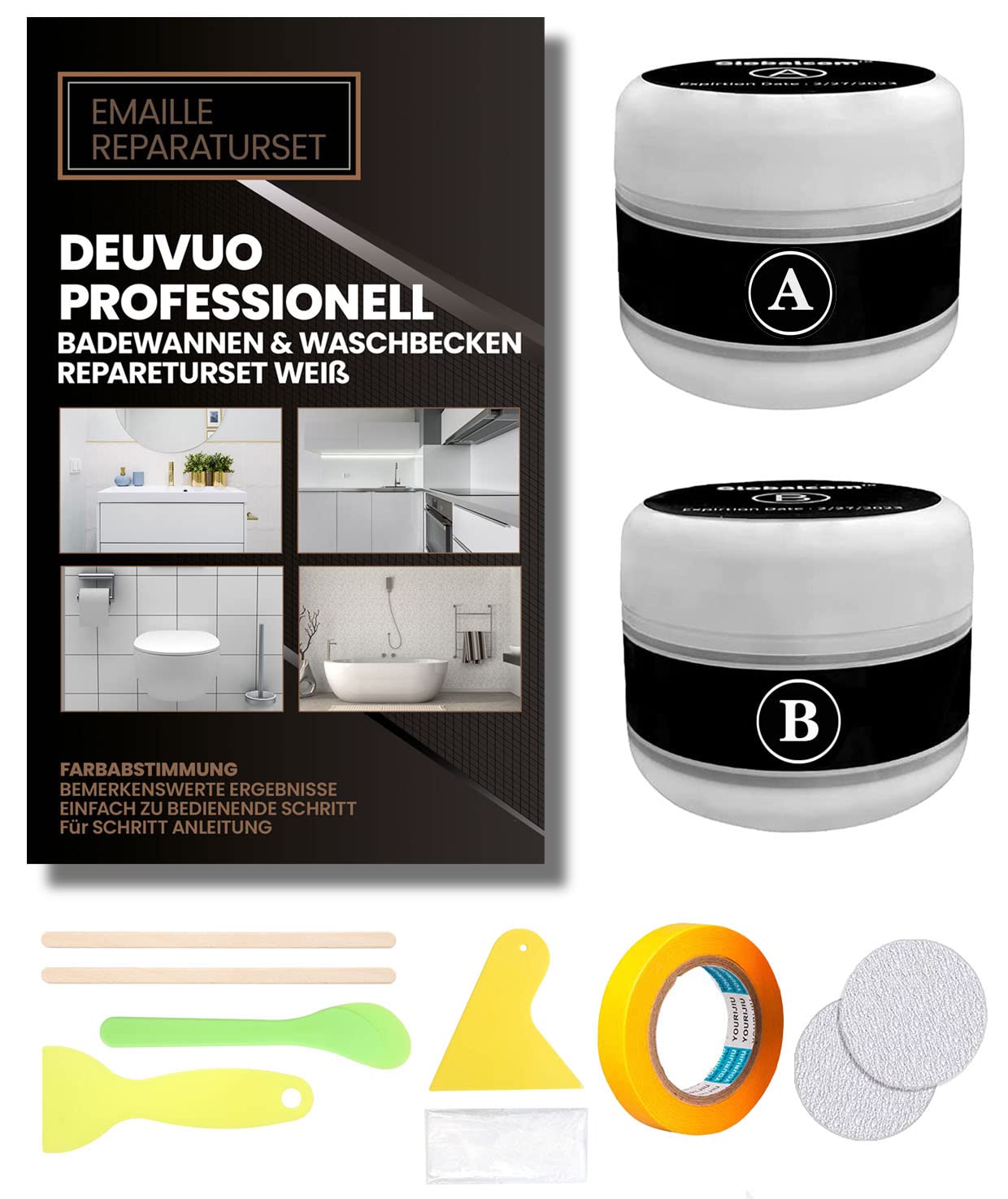 Bath Enamel Repair Kit White 200g, Deuvuo Enamel Ceramic Porcelain Fibreglass and Acrylic Quick Repair Kit, Tile Tub Sink and Shower Tray Repair Kits for Scratch, Holes, Cracks