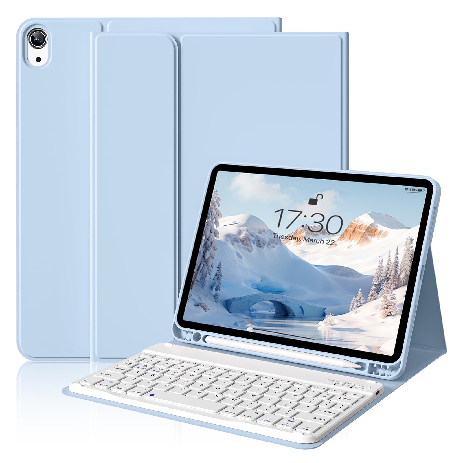 ZOYU Keyboard Case for iPad Air 11 Inch M4 (2026)/ M3 (2025)/ M2 (2024), iPad Air 5th/4th Generation 10.9 Inch (2022/2020) with Pencil Holder Slim Smart Cover Detachable Wireless Keyboard, Light Blue