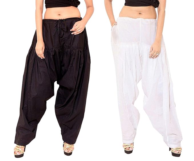 Women's Cotton Traditional Semi Patiala Salwar Combo (AMZN-00131, Black, White, Free Size)