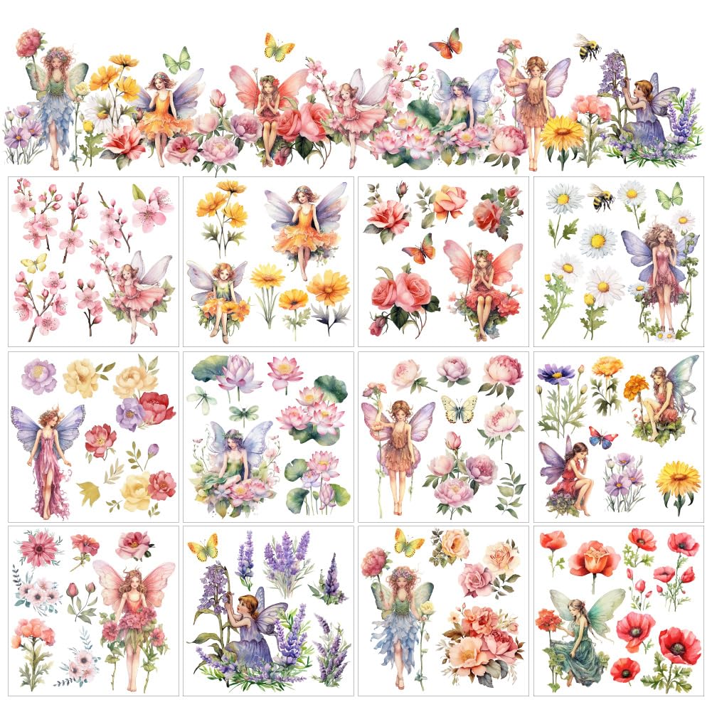 AHANDMAKER 12 Sheets Flower Fairy Rub on Transfer Flowers & Stickers Spring Summer Rub on Decal Stickers for Wood Paper Furniture DIY Crafts, 5.5 x 5.5 Inches