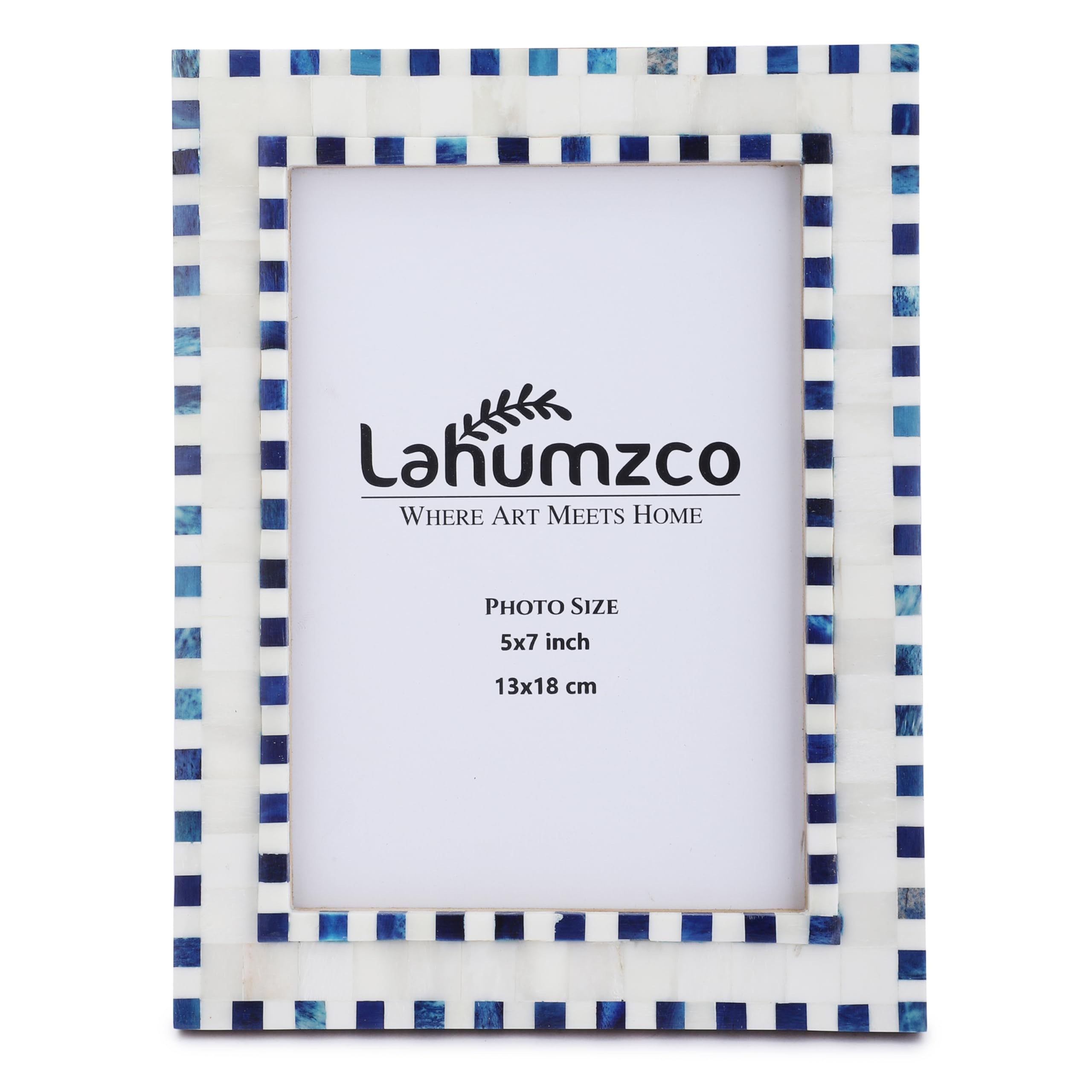 Photo 1 of Lahumzco Bone Picture Photo Frame Checkered Pattern Beading Art Inspired Vintage Table-Top/Wall Décor Handmade Frames (5x7 Inches, Blue,White)