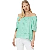 Liverpool Women's Cropped Bell Sleeve Woven Top with Lace Trim