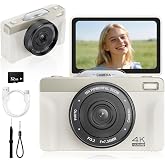4K Digital Camera for Photography, 2026 Latest 64MP Autofocus WiFi Vlogging Camera for YouTube, 3'' 180&deg; Flip Screen Compact Travel Cameras for Beginners with 16X Zoom, 32GB TF Card, Flash (White)