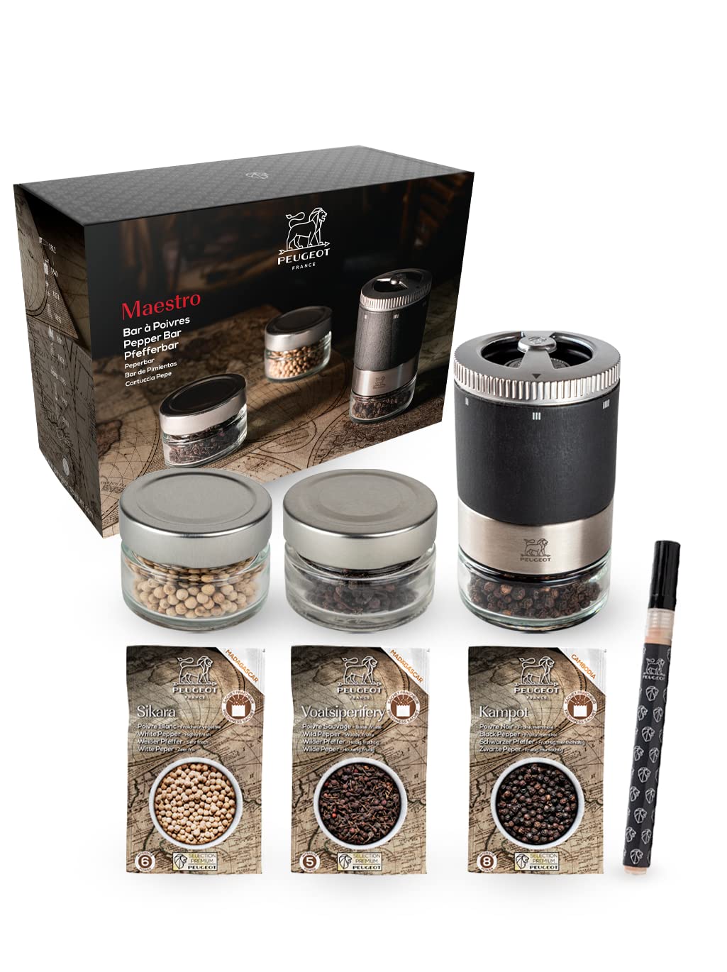 PEUGEOT - Maestro Pepper Bar - 10cm Pepper Mill with U'Select Adjustment - 3 Premium Peppercorns, 3 Interchangeable Empty Vials, Felt - Made in France - PEFC Wood & Stainless Steel - Graphite Color