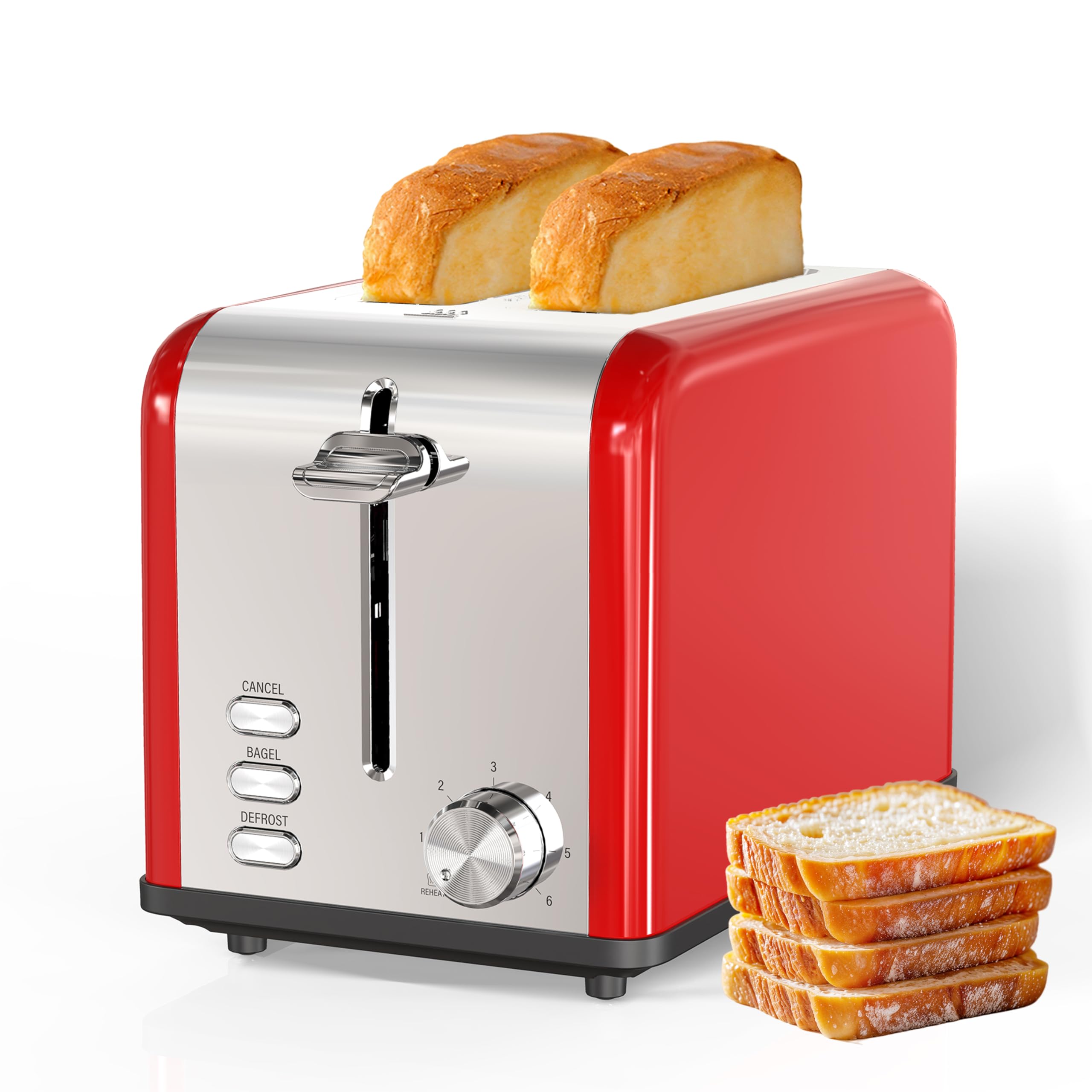 Photo 1 of **HAS DENT DAMAGE ON ONE SIDE**  Simple Deluxe 2-Slice Toaster, Stainless Steel Toaster, 6 Browning Setting and 3 Function, Extra Wide Slot & Removable Crumb Tray, for Bread & Waffle, Red