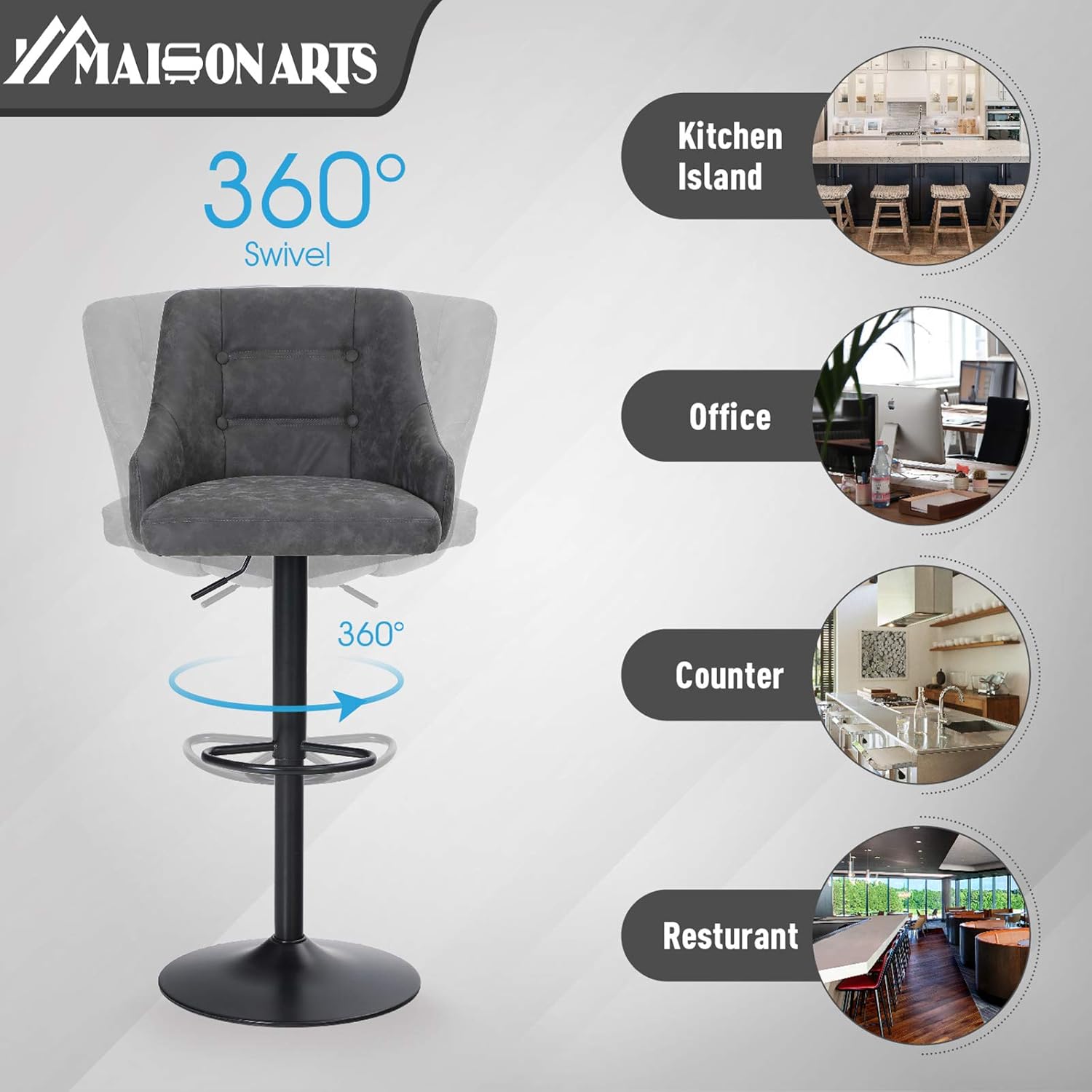 MAISON ARTS Swivel Adjustable Bar Stool with Back for Kitchen Counter Padded Counter Height Faux Leather Bar Chair with Heavy Duty Base for Pub Cafe Dining, 300LBS Weight Capacity, Grey, 1 Stool: Kitchen & Dining