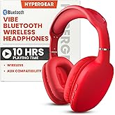HyperGear Wireless Headphones Bluetooth Red- Noise Isolation Headphones Wireless Over The Ear Head Phones, Gym Headset Built-in Mic Controls Square Foam Cups Foldable Headphone for Women and Men