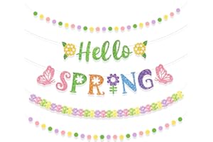 Konsait Hello Spring Banner Garlands, Paper Flower Banner Circular Garlands Springtime Easter Hanging Decor Spring Party Deco