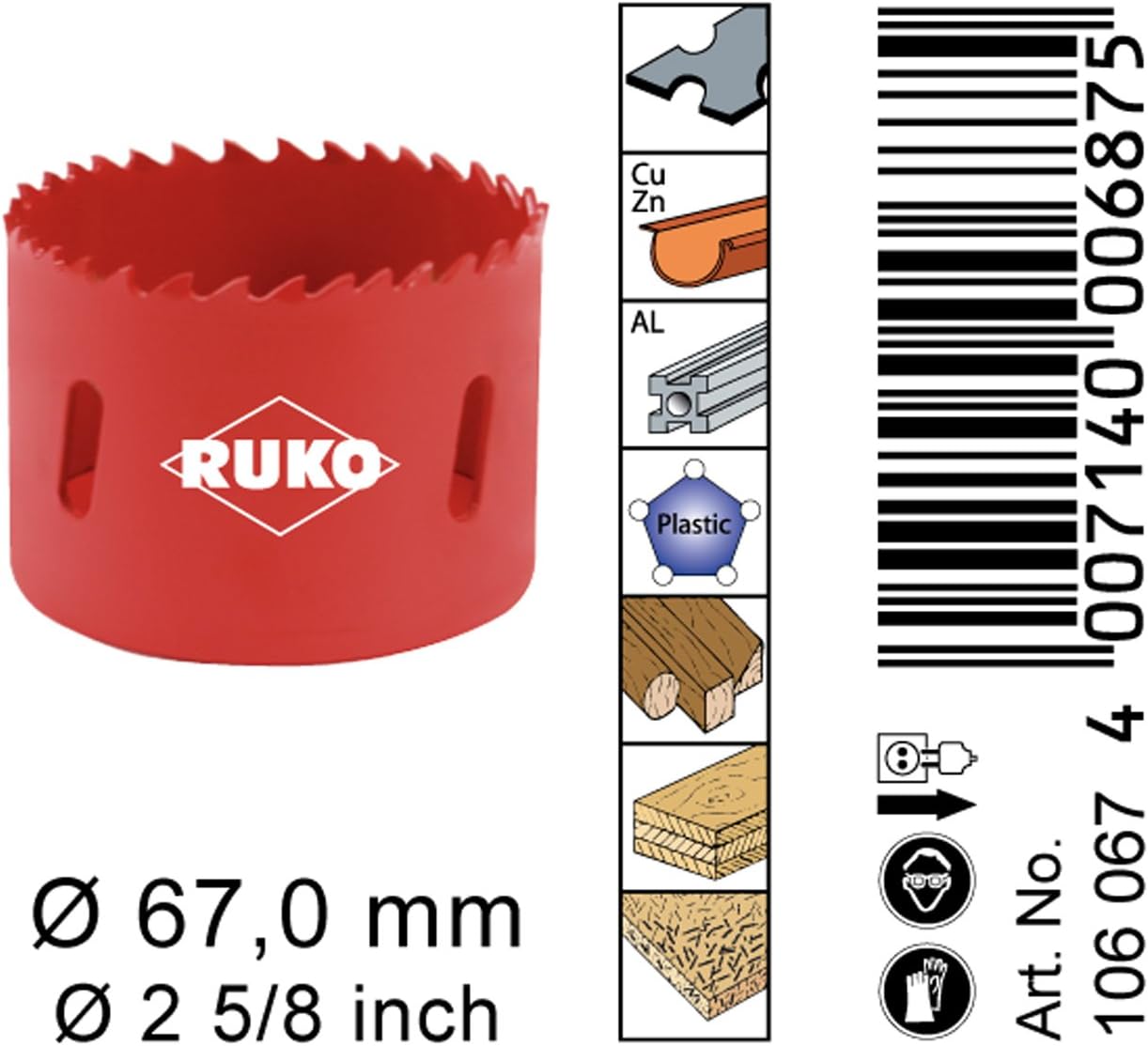 Ruko 106067 HSS Bimetal Drill Bit, Variable Teeth, 67mm, Red, 67 mm - Image 3