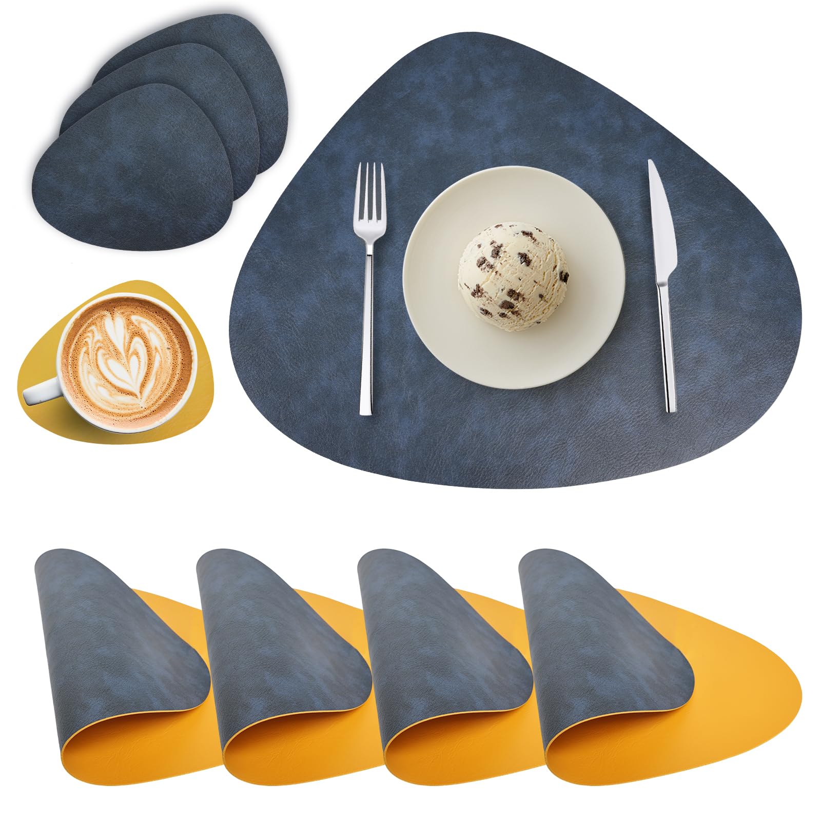 Placemats and Coasters Sets of 4, Round PU Leather Table Mats Dual-Sided Place Mats Heat-Resistant Washable Non-Slip Table Placemats for Kitchen Restaurant Outdoor (Blue Yellow)