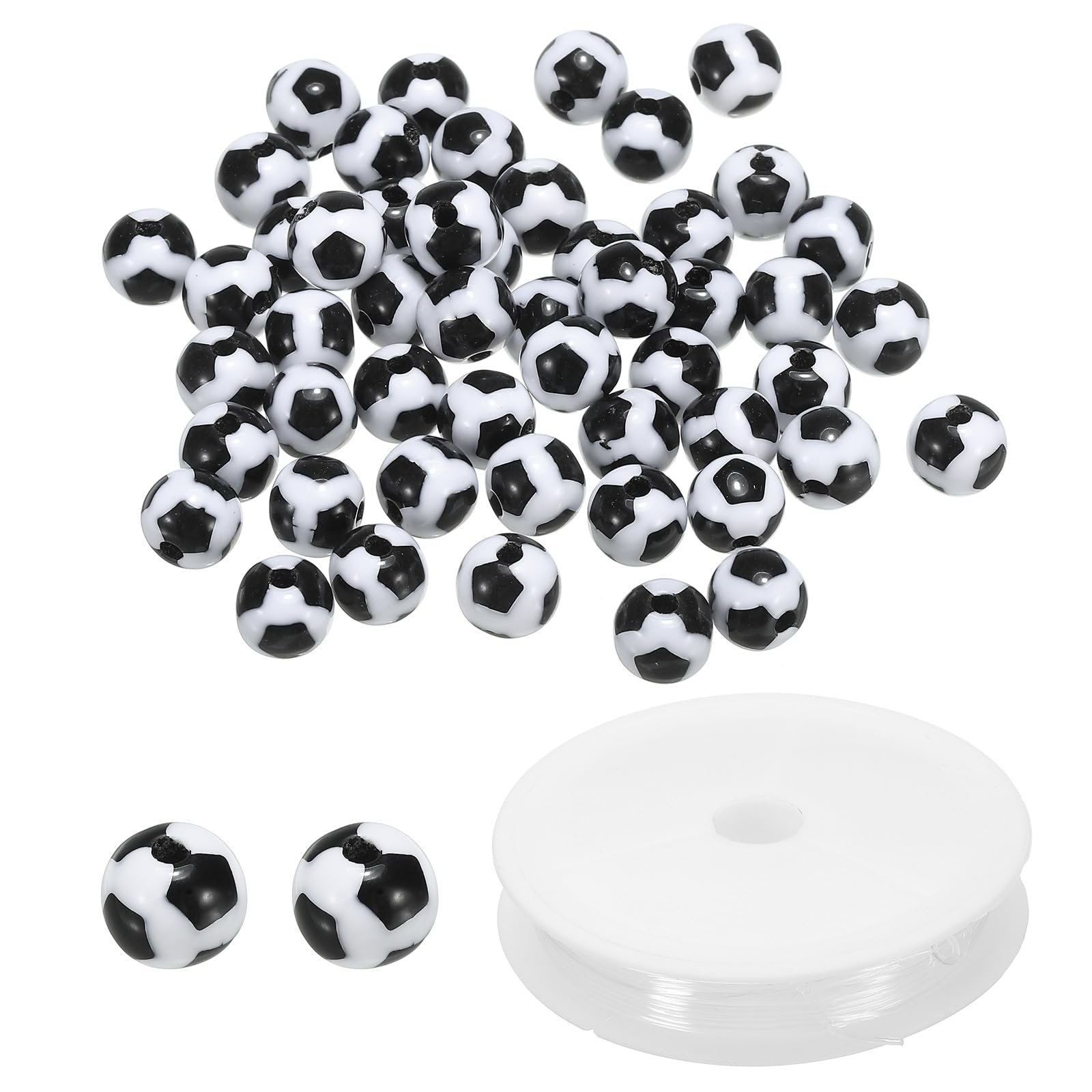 PATIKIL 12mm Acrylic Football Beads Bulk, 100 Pack Sports Ball Beads Round Sports Spacer Beads with 4.4 Yard Elastic Rope for DIY Crafts Bracelet Necklace Making, Black White